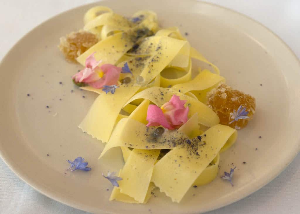 GOMA Restaurant - Honeycomb, violets, spherified violet. From Byron Bay - Photo credit Charles Haynes