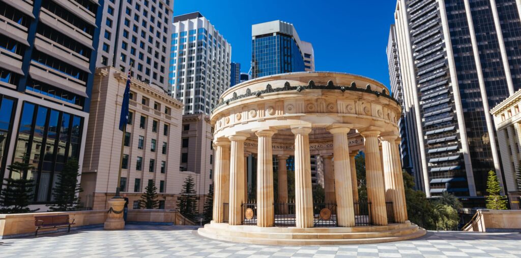 BRISBANE, AUSTRALIA - JULY 29 2023: ANZAC Square and memorial parklands on a warm winter's morning in Brisbane, Queensland, Australia