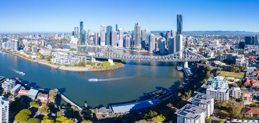 High altitude view of Brisbane skyline and Story Bridge from the suburb of New Farm and Wilson Outlook Reserve on a sunny winter's morning in Queensland, Australia.